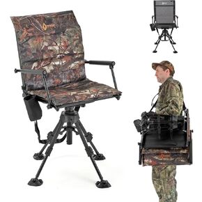 ARROWHEAD OUTDOOR Wide Folding 360° Hunting Swivel Blind Chair with Removable Camouflage Seat Pad, Armrest, No-Sink Feet, Shoulder Strap, Mesh Chair, Adjustable Height