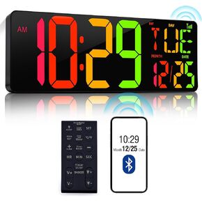 Large Digital Wall Clock 17.2" Bluetooth Auto Time Sync Led Digital Clock Large Display 11 RGB Colors Digital Calendar Auto-Dimming/DST Big Timer With Remote For Living Room Classroom Decor Garage