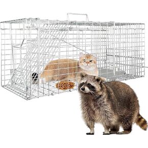 32" Live Animal Cage Trap, Humane Cat Trap Galvanized Iron,Heavy Duty Folding Animal Trap with Handle for Rabbits, Stray Cats, Raccoons,Groundhogs and Opossum(32 * 12 * 12.5inch)