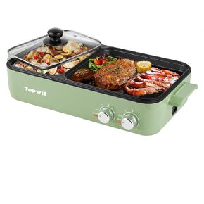Topwit Hot Pot Electric with Grill, 2 in 1 Indoor Non-Stick Electric Pot and Griddle for Korean BBQ, Steaks, Shabu Shabu and Noodles, Independent Dual Temperature Control, Fast Heating, Green