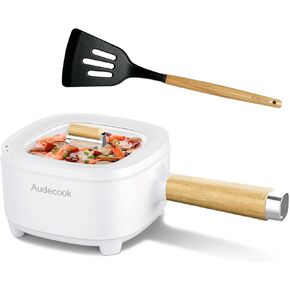 Audecook Hot Pot Electric 2L, Cermic Glaze Non-Stick Frying Pan 8 Inch, Portable Travel Cooker for Ramen/Steak/Fried Rice/Oatmeal/Soup, with Dual Power Control (Silicone Spatula Included)