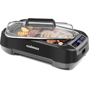 CUSIMAX Smokeless Indoor Grill, 1500W Electric Grill Korean BBQ Grill with LED Smart Display & Tempered Glass Lid, Non-stick Removable Grill Plate, Turbo Smoke Extractor, Black New Model