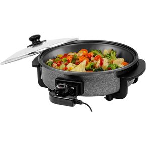 OVENTE 12 Inch Electric Skillet and Frying Pan with Nonstick Coating, 1400W Power, Adjustable Temperature Control, Tempered Glass Lid with Vent and Cool Touch Handles, Black SK11112B