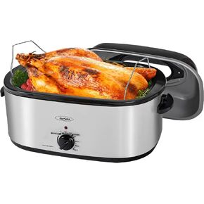 Sunvivi 26 Quart Electric Roaster Oven Turkey Roaster with Lid Electric Roasters with Removable Pan Large Roaster, Visible & Self-basting Lid, Fast Heating & Thaw/warming Setting, Silver in Kuwait
