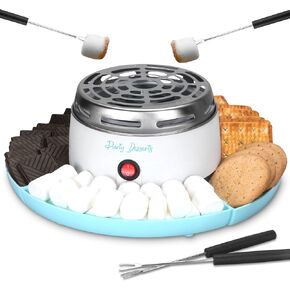 Electric Smores Maker Tabletop Indoor Kit, Indoor Marshmallow Roaster, Smores Station with 4 Compartment Trays & 4 Forks, Great Gift for Adults and Kids in Holidays and Parties (Blue)