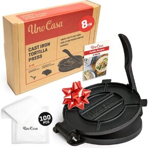 Uno Casa Cast Iron Tortilla Press 8 Inch - Tortilla Maker Press, Pre-Seasoned Roti Maker with 100 Pcs Parchment Paper, Heavy Duty Quesadilla Maker - Pataconera for Flour Tortilla, Tawa