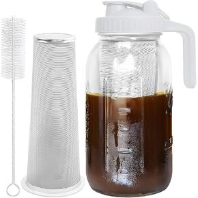 Cold Brew Coffee Maker Jar - 64oz Thick Glass Multipurpose Mason Pitcher Spout Lid with Handle & Stainless Steel Filter for Iced Coffee, Lemonade, Ice Tea, Homemade Fruit Drinks Container
