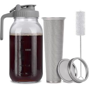 Cold Brew Mason Jar iced Coffee Maker, Durable Glass, 64 oz (2 Quart / 1.9 Liter), With Handle& Stainless Steel Filter for Iced Brew Coffee, Lemonade, Ice Tea, Homemade Fruit Drinks Container