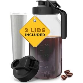 Cold Brew Coffee Maker with Heavy Duty Glass Body & 2 Lids - Iced Tea Machines with Stainless Steel Filter - Iced Coffee Maker - Cold Brew Mason Jar Pitcher with Flip Cap Lid (32 oz / 1 quart, Black)