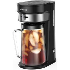 Iced Tea Maker, Brewing System with 2.5-quart Glass Pitcher, sliding strength selector, Stainless Steel Decoration, Reusable Filter (Black)
