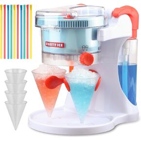 Snow Cone Machine Kit, Double Port Shaved Ice Machine, Electric Ice Shaver, 2 Syrup Dispensers, 4 Plastic Cones & Spoon Straws Included