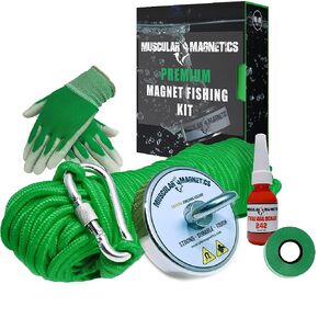 1325lb Double Sided Fishing Magnet Bundle Pack - Includes 6mm 100ft High Strength Nylon Rope with Carabiner, Non-Slip Nylon Gloves, Threadlocker, Grappling Hook & Tape (Complete Kit)