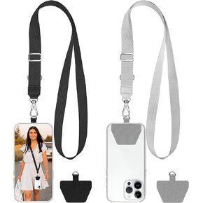 takyu Phone Lanyard, 2 Pack Adjustable Phone Strap Universal Cell Phone Lanyard Crossbody Neck Strap with 2PCS Tether Tabs Compatible for iPhone Android Smartphones-Black Grey