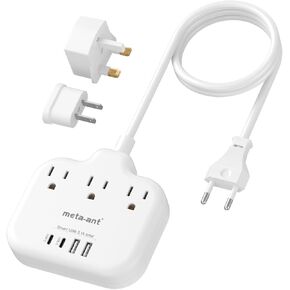 European Travel Plug Adapter, US to European Plug Adapter with 3 American Outlets & 4 USB, 3ft European Power Cord, International Travel Power Strip, Type C for Europe EU Germany France, Travel, White