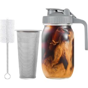 Cold Brew Coffee Maker - 2 Quart 64oz Stainless Steel Filter Cold Brew Pitcher Jar, No Leaks Cold Brew Mason Jar Coffee Maker, Easy to Clean Cold Coffee Maker