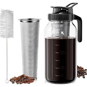 Cold Brew Coffee Maker 64oz, Iced Coffee Maker with 304 Stainless Steel Filter, Mason Jar Pitcher with Lid and Spout (Black)