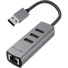 WALNEW USB 3.0 Ethernet Adapter, 4-in-1 USB Hub with 3 USB-A Data Ports and 1 Gigabit RJ45 Network, Multiport USB Splitter for Laptop,PC,MacBook Pro/Air 2015,Surface,Dell XPS,Chromebook,Thinkpad