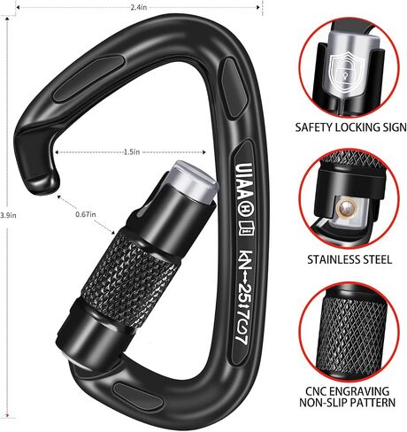Auto Locking Carabiner 25KN Climbing Carabiner Large Carabiner Clip Obtained UIAA Certification Heavy Duty Carabiners Suitable for Rock Climbing, Camping, Gym,Rescue Black in Saudi Arabia