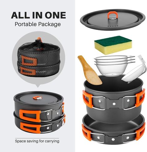 Odoland 9pcs Camping Cookware Non-Stick Lightweight Camping Pots and Pans Set with Plastic Bowls Soup Spoon for Camping, Backpacking, Outdoor Cooking and Picnic in Saudi Arabia