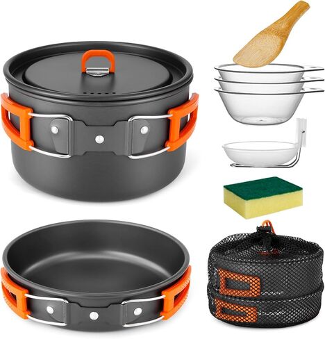 Odoland 9pcs Camping Cookware Non-Stick Lightweight Camping Pots and Pans Set with Plastic Bowls Soup Spoon for Camping, Backpacking, Outdoor Cooking and Picnic in Saudi Arabia