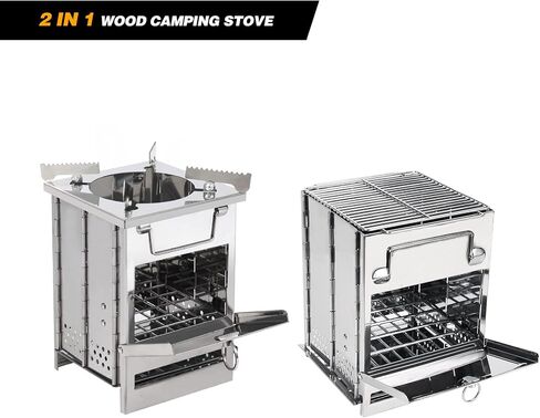 REDCAMP Wood Burning Folding Camp Stove Stainless Steel Grill and Pot Stand, Portable Collapsible Backpacking Stove Survival Rocket Stove for Hiking Outdoor Tent Camping Picnic, Largel with Pot Stand in Kuwait