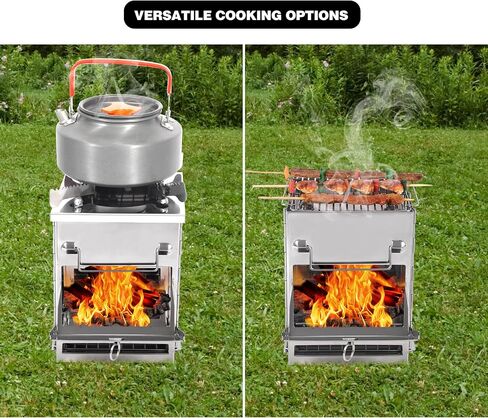 REDCAMP Wood Burning Folding Camp Stove Stainless Steel Grill and Pot Stand, Portable Collapsible Backpacking Stove Survival Rocket Stove for Hiking Outdoor Tent Camping Picnic, Largel with Pot Stand in Kuwait