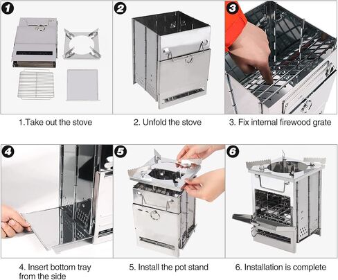 REDCAMP Wood Burning Folding Camp Stove Stainless Steel Grill and Pot Stand, Portable Collapsible Backpacking Stove Survival Rocket Stove for Hiking Outdoor Tent Camping Picnic, Largel with Pot Stand in Kuwait