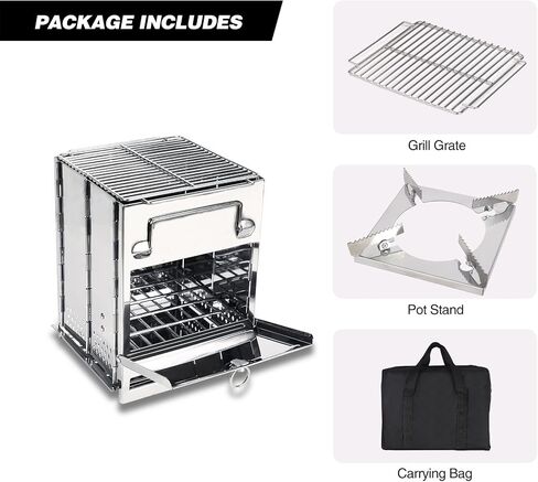 REDCAMP Wood Burning Folding Camp Stove Stainless Steel Grill and Pot Stand, Portable Collapsible Backpacking Stove Survival Rocket Stove for Hiking Outdoor Tent Camping Picnic, Largel with Pot Stand in Kuwait