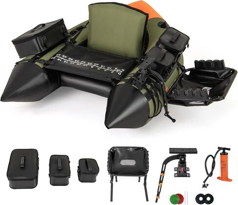 GYMAX Fishing Float Tube, Inflatable Belly Boat with Fish Finder Holder, Rod Rack, Fish Ruler, Manual Pump & Detachable Storage Boxes, Portable Backpack Float Tubes for Adults in Kuwait