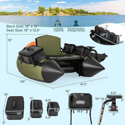 GYMAX Fishing Float Tube, Inflatable Belly Boat with Fish Finder Holder, Rod Rack, Fish Ruler, Manual Pump & Detachable Storage Boxes, Portable Backpack Float Tubes for Adults in Kuwait
