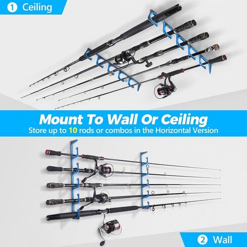 PLUSINNO H5 Horizontal Fishing Rod/Pole Holders for Garage, Wall or Ceiling Mounted Fishing Rod Rack, Aviation Aluminum Fishing Holder Holds up to 5/10/20 Rod or Combos or Nets Storage Racks in Saudi Arabia