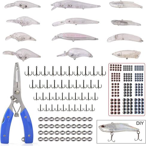 Unpainted Fishing Lures Making Kit DIY Blank Lures Crankbaits Minnow Jerkbait Hard Bait Set with Treble Hooks, Split Rings, Lure Eyes, Lure Stickers Lure Making Supplies Make Your Own Fishing Lures in Saudi Arabia