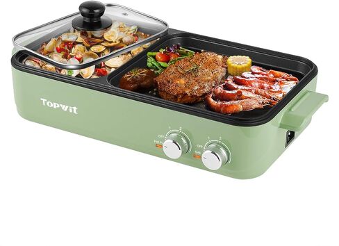 Topwit Hot Pot Electric with Grill, 2 in 1 Indoor Non-Stick Electric Pot and Griddle for Korean BBQ, Steaks, Shabu Shabu and Noodles, Independent Dual Temperature Control, Fast Heating, Green in Kuwait
