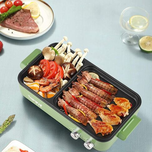 Topwit Hot Pot Electric with Grill, 2 in 1 Indoor Non-Stick Electric Pot and Griddle for Korean BBQ, Steaks, Shabu Shabu and Noodles, Independent Dual Temperature Control, Fast Heating, Green in Kuwait