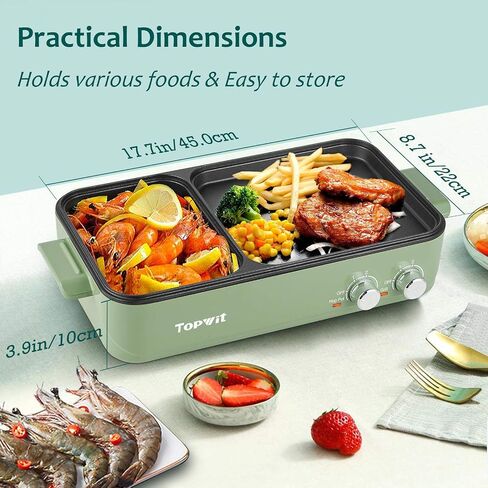 Topwit Hot Pot Electric with Grill, 2 in 1 Indoor Non-Stick Electric Pot and Griddle for Korean BBQ, Steaks, Shabu Shabu and Noodles, Independent Dual Temperature Control, Fast Heating, Green in Kuwait