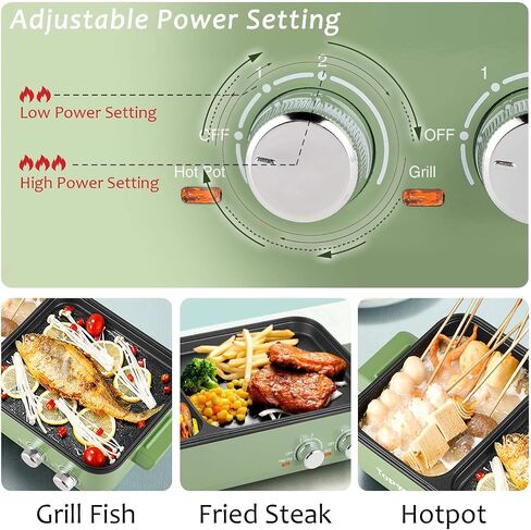 Topwit Hot Pot Electric with Grill, 2 in 1 Indoor Non-Stick Electric Pot and Griddle for Korean BBQ, Steaks, Shabu Shabu and Noodles, Independent Dual Temperature Control, Fast Heating, Green in Kuwait
