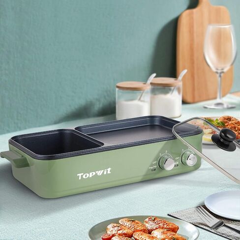 Topwit Hot Pot Electric with Grill, 2 in 1 Indoor Non-Stick Electric Pot and Griddle for Korean BBQ, Steaks, Shabu Shabu and Noodles, Independent Dual Temperature Control, Fast Heating, Green in Kuwait