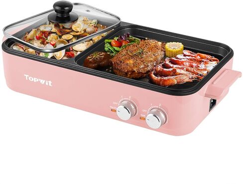 Topwit Hot Pot Electric with Grill, 2 in 1 Indoor Non-Stick Electric Pot and Griddle for Korean BBQ, Steaks, Shabu Shabu and Noodles, Independent Dual Temperature Control, Fast Heating, Green in Kuwait