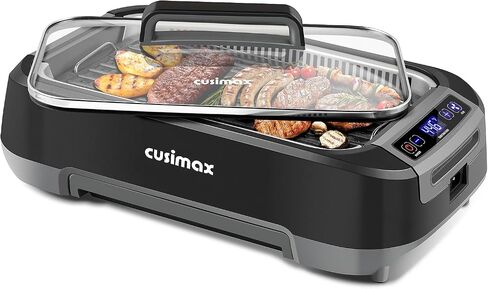 CUSIMAX Smokeless Indoor Grill, 1500W Electric Grill Korean BBQ Grill with LED Smart Display & Tempered Glass Lid, Non-stick Removable Grill Plate, Turbo Smoke Extractor, Black New Model in Kuwait