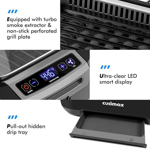 CUSIMAX Smokeless Indoor Grill, 1500W Electric Grill Korean BBQ Grill with LED Smart Display & Tempered Glass Lid, Non-stick Removable Grill Plate, Turbo Smoke Extractor, Black New Model in Kuwait