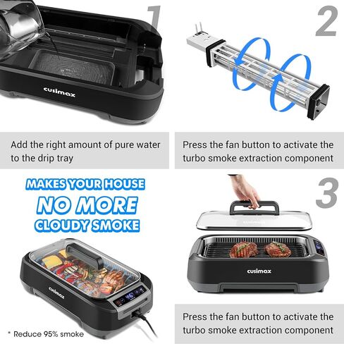 CUSIMAX Smokeless Indoor Grill, 1500W Electric Grill Korean BBQ Grill with LED Smart Display & Tempered Glass Lid, Non-stick Removable Grill Plate, Turbo Smoke Extractor, Black New Model in Kuwait