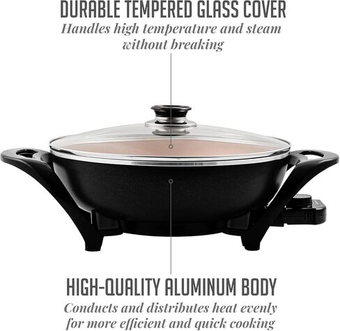 OVENTE 11.5-Inch Electric Skillet, 1400W Nonstick Pan, Black SK11112B | Adjustable Temperature Control, Tempered Glass Lid with Steam Vent, Cool-Touch Handles, Easy to Clean Design in Kuwait