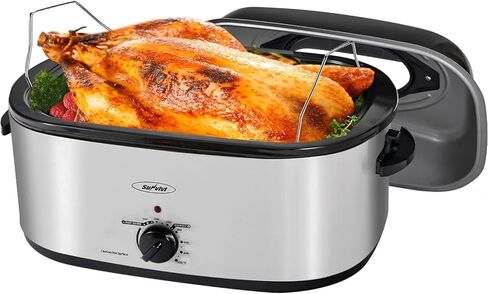 Sunvivi 26 Quart Electric Roaster Oven Turkey Roaster with Lid Electric Roasters with Removable Pan Large Roaster, Visible & Self-basting Lid, Fast Heating & Thaw/warming Setting, Silver in Kuwait
