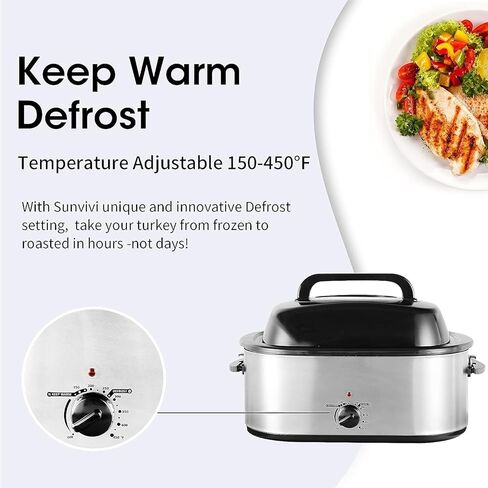 Sunvivi 26 Quart Electric Roaster Oven Turkey Roaster with Lid Electric Roasters with Removable Pan Large Roaster, Visible & Self-basting Lid, Fast Heating & Thaw/warming Setting, Silver in Kuwait