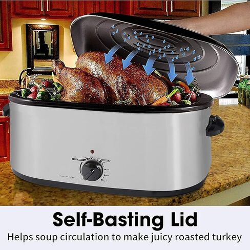 Sunvivi 26 Quart Electric Roaster Oven Turkey Roaster with Lid Electric Roasters with Removable Pan Large Roaster, Visible & Self-basting Lid, Fast Heating & Thaw/warming Setting, Silver in Kuwait