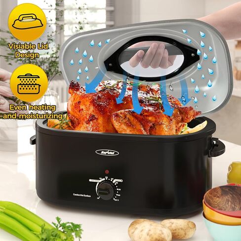 Sunvivi 28 Quart Electric Roaster Oven Turkey Roaster with Lid Electric Roasters with Removable Pan Large Roaster,Visible & Self-basting Lid, Fast Heating & Thaw/warming Setting,Silver in Kuwait