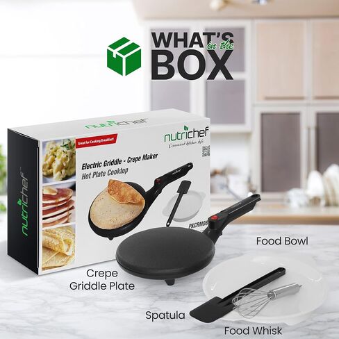 Nutrichef Electric Crepe Maker | 8-inch Nonstick Cooktop with On/Off Switch | Cooks Roti, Tortillas & Pancakes | Automatic Temperature Control & Cool Touch Handle | Includes Food Bowl, Whisk & Spatula in Saudi Arabia