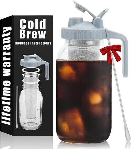 Cold Brew Mason Coffee Maker - 64oz Iced Coffee Pitcher with Stainless Steel Mixing Spoon & Super Dense Filter 3 Steps Finish Cold Brew Coffee, Classic BPA Free Sturdy Mason jar Pitcher Easy to Clean in Saudi Arabia