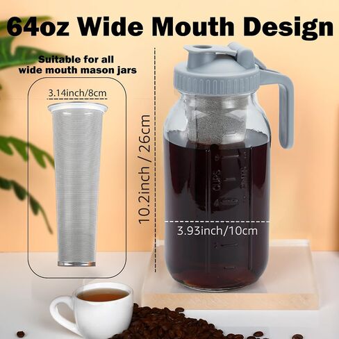 Cold Brew Mason Coffee Maker - 64oz Iced Coffee Pitcher with Stainless Steel Mixing Spoon & Super Dense Filter 3 Steps Finish Cold Brew Coffee, Classic BPA Free Sturdy Mason jar Pitcher Easy to Clean in Saudi Arabia