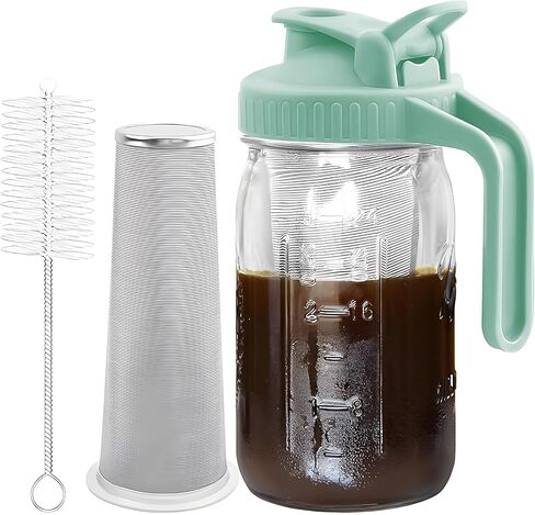 Cold Brew Coffee Maker, 64 oz Glass Mason Pitcher | 100μm stainless steel filter, wide mouth design, leak-proof lid with handle, pour spout for iced coffee, tea and cold drinks in Saudi Arabia